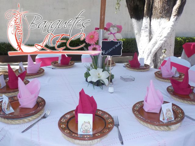 Montaje en rosa pastel con rosa fucsia y vajilla de barro
